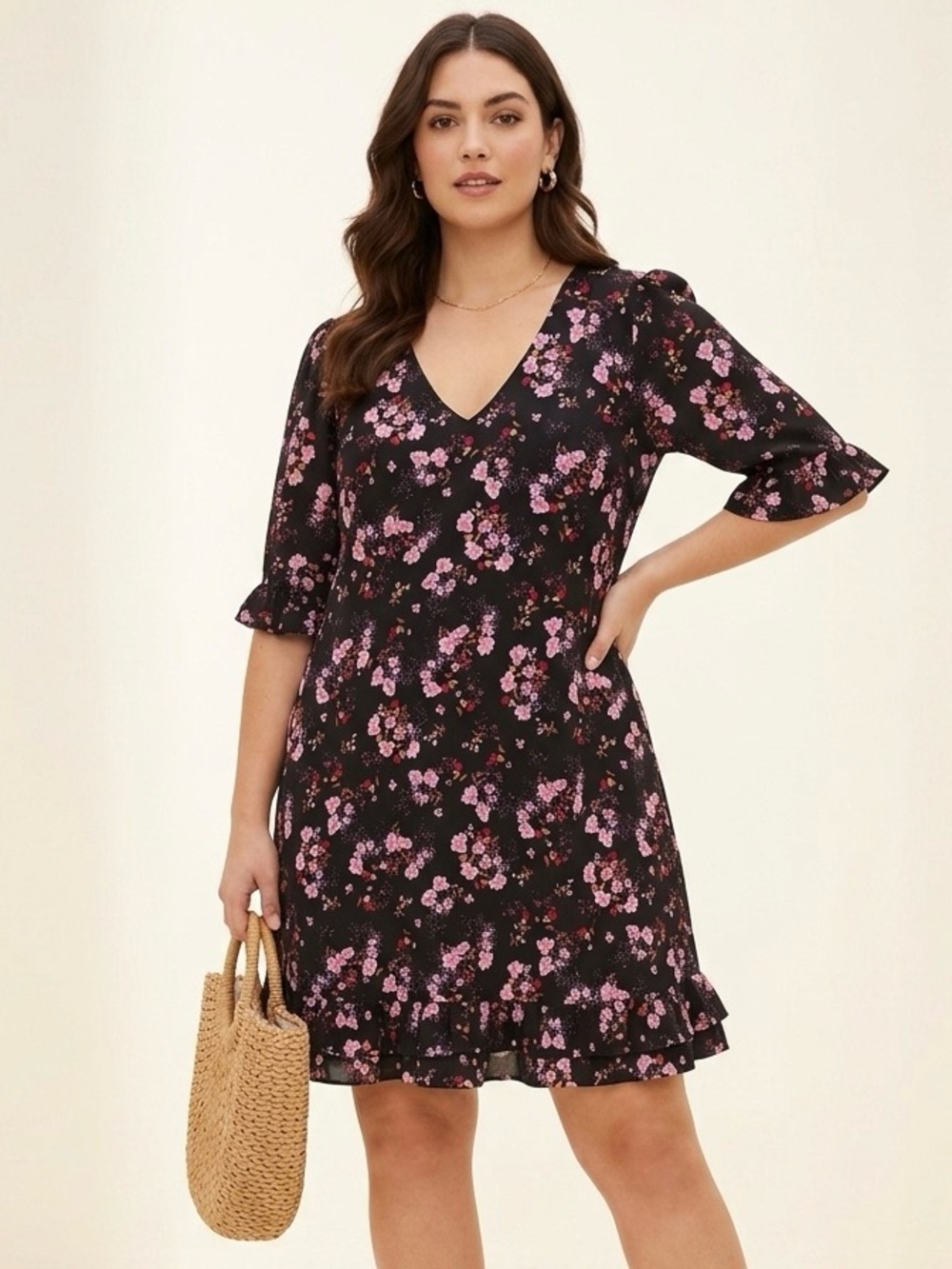 CeCe Floral Ruffle Flutter Dress Black Pink Medium Boho Cottagecore Coquette
